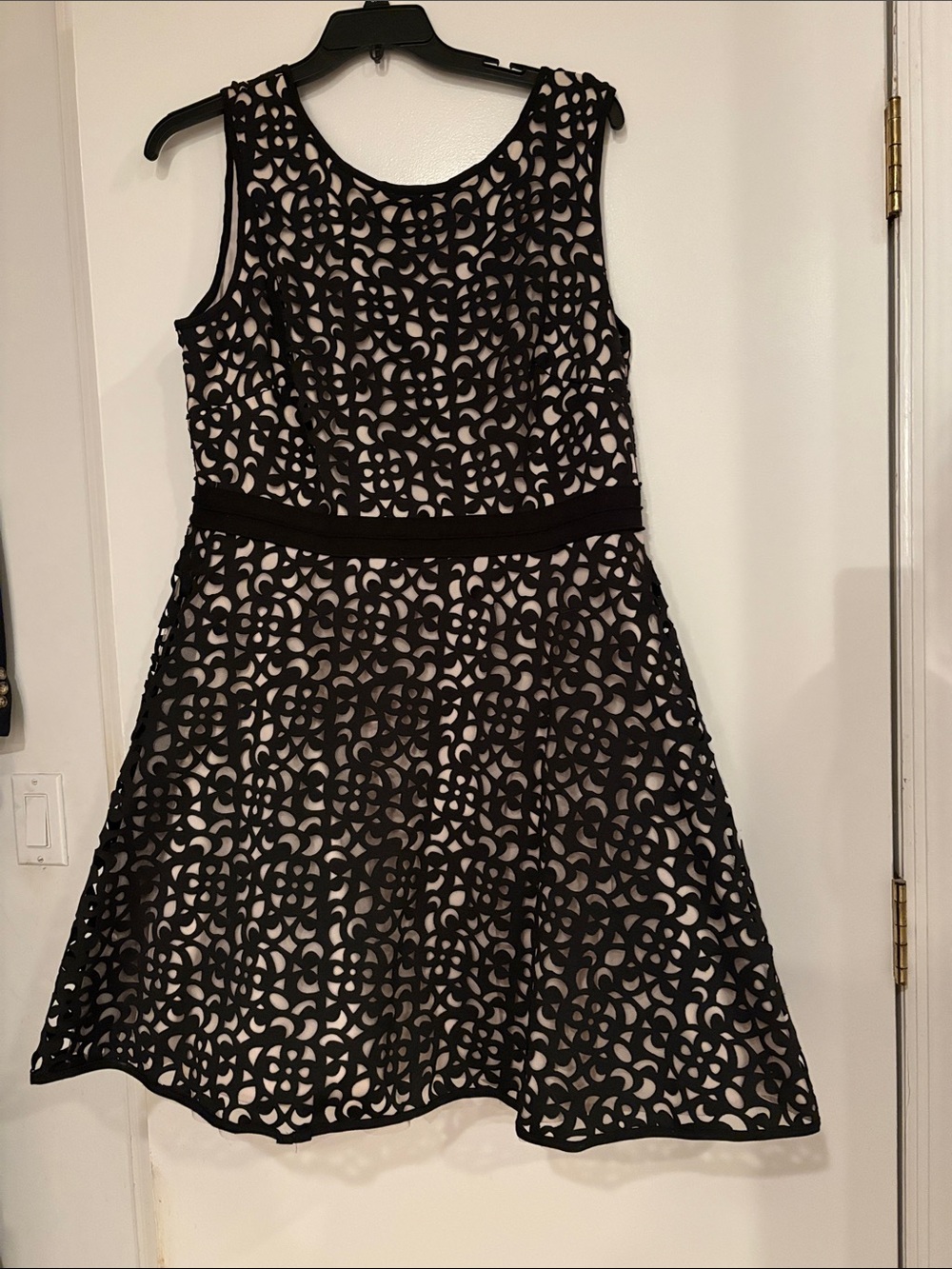Black Laser-Cut A-Line Dress with Nude Lining worn once